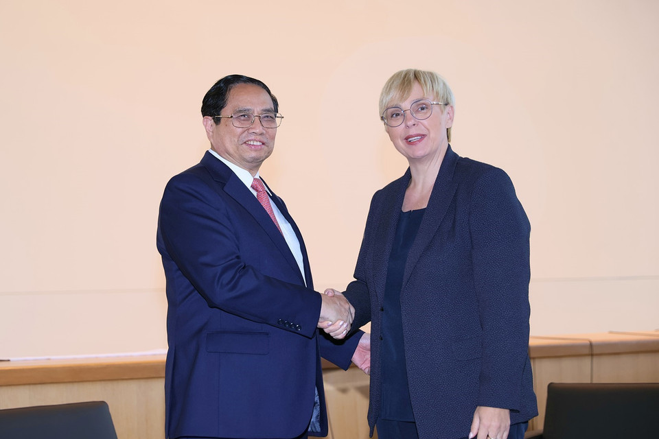 Thủ tướng Phạm Minh Chính gặp Tổng thống Slovenia Natasa Pirc Musar. (Ảnh: Dương Giang/TTXVN)