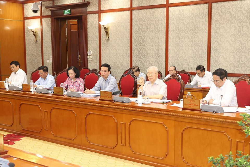 Tổng Bí thư Nguyễn Phú Trọng phát biểu kết luận cuộc họp. (Ảnh: Trí Dũng/TTXVN)