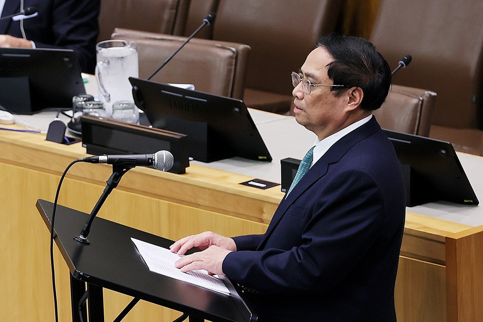 Thủ tướng Phạm Minh Chính phát biểu tại Hội nghị Cấp cao về Sẵn sàng Phòng Chống và Ứng phó với Đại dịch. (Ảnh: Dương Giang/TTXVN)