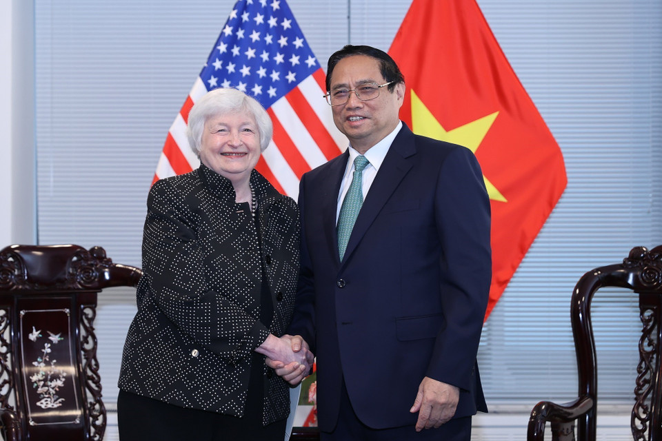 Thủ tướng Phạm Minh Chính tiếp Bộ trưởng tài chính Hoa Kỳ Janet Yellen. (Ảnh: Dương Giang/TTXVN)