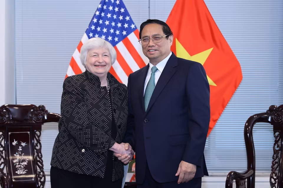 Thủ tướng Phạm Minh Chính tiếp Bộ trưởng tài chính Hoa Kỳ Janet Yellen. (Ảnh: Dương Giang/TTXVN)