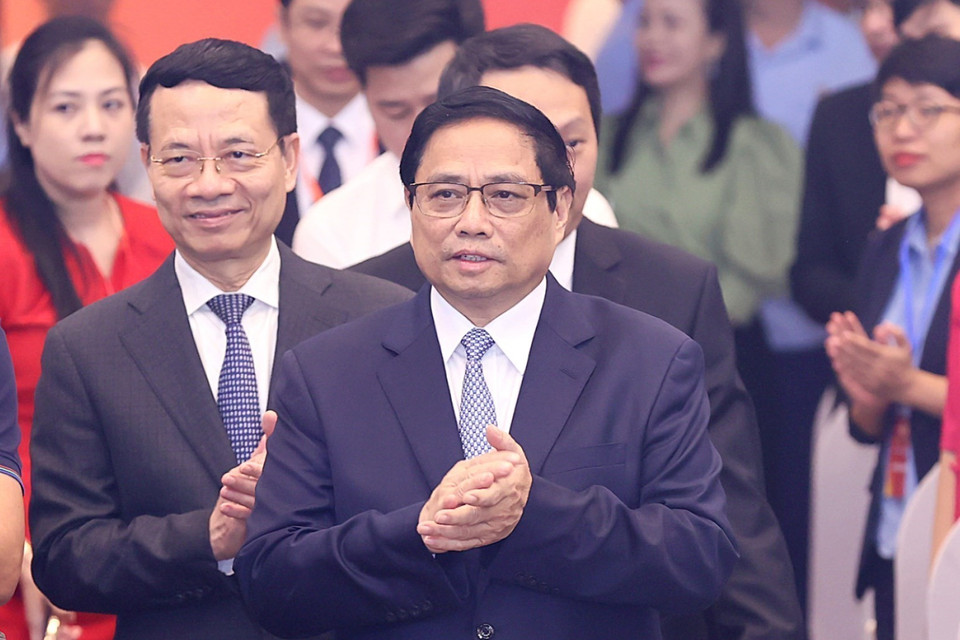 Thủ tướng Phạm Minh Chính đến dự Ngày Chuyển đổi Số Quốc gia (10/10). (Ảnh: Dương Giang/TTXVN)