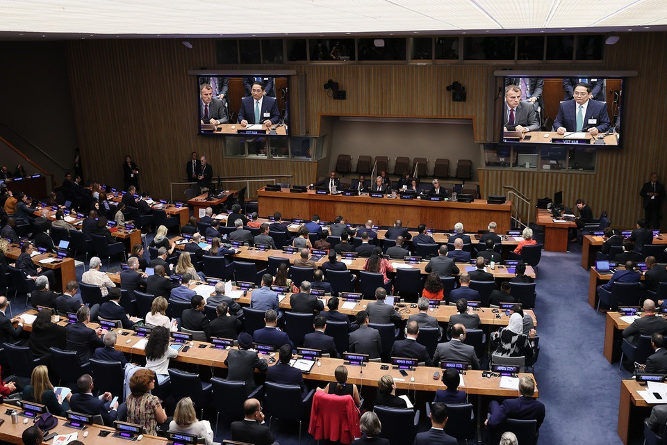 Thủ tướng Phạm Minh Chính phát biểu tại Hội nghị Thượng đỉnh Tham vọng Khí hậu của Liên hợp quốc. (Ảnh: Dương Giang/TTXVN)