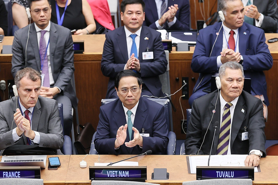 Thủ tướng Phạm Minh Chính phát biểu tại Hội nghị Thượng đỉnh Tham vọng Khí hậu của Liên hợp quốc. (Ảnh: Dương Giang/TTXVN)