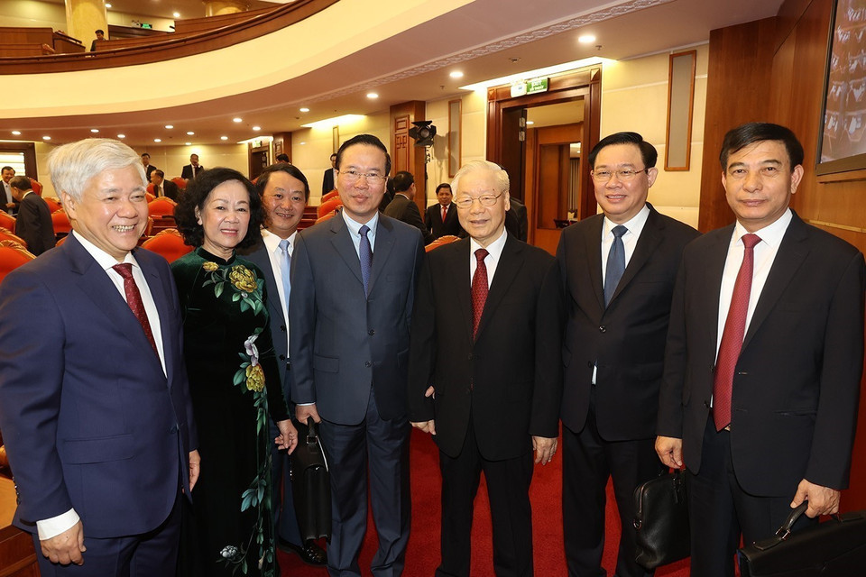 Tổng Bí thư Nguyễn Phú Trọng và các đồng chí lãnh đạo Đảng, Nhà nước cùng các đại biểu dự khai mạc hội nghị. (Ảnh: Trí Dũng/TTXVN)