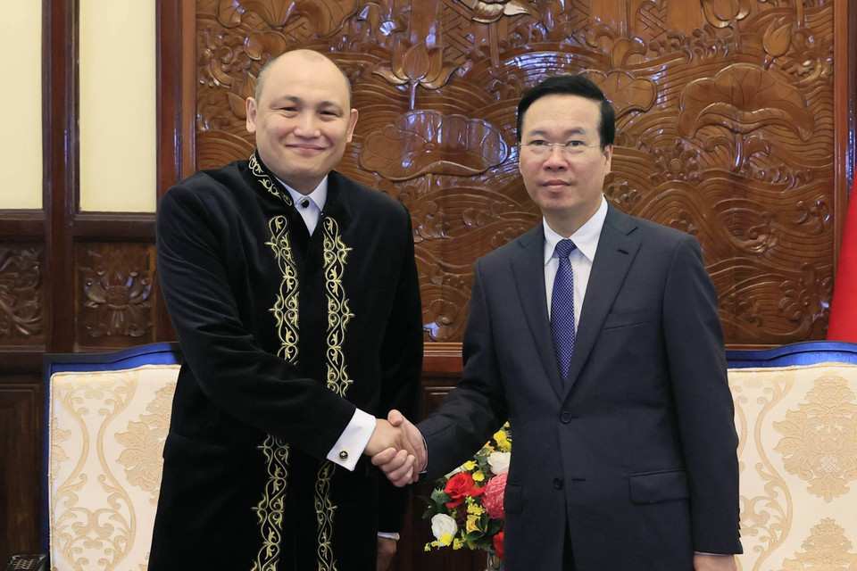 Chủ tịch nước Võ Văn Thưởng tiếp Đại sứ Kazakhstan Kanat Tumysh. (Ảnh: Thống Nhất/TTXVN)
