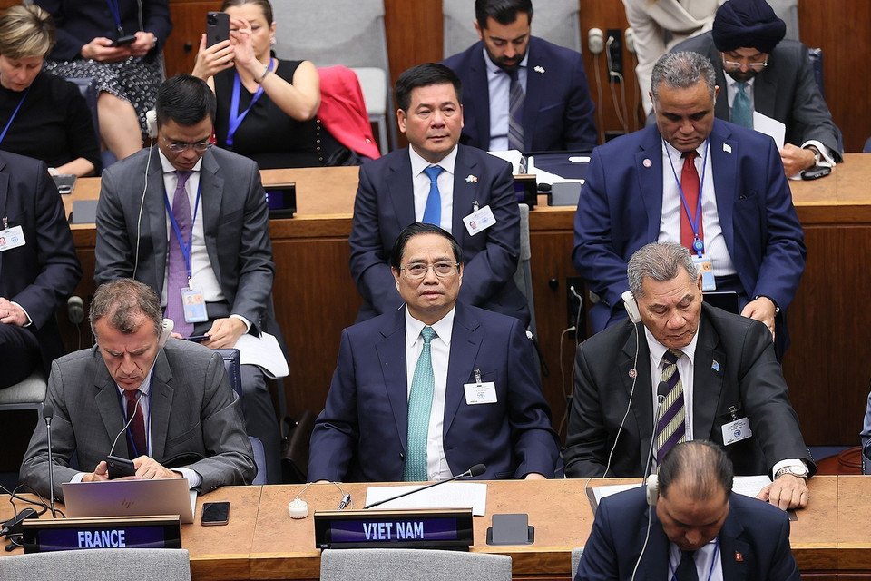 Thủ tướng Phạm Minh Chính phát biểu tại Hội nghị Thượng đỉnh Tham vọng Khí hậu của Liên hợp quốc. (Ảnh: Dương Giang/TTXVN)