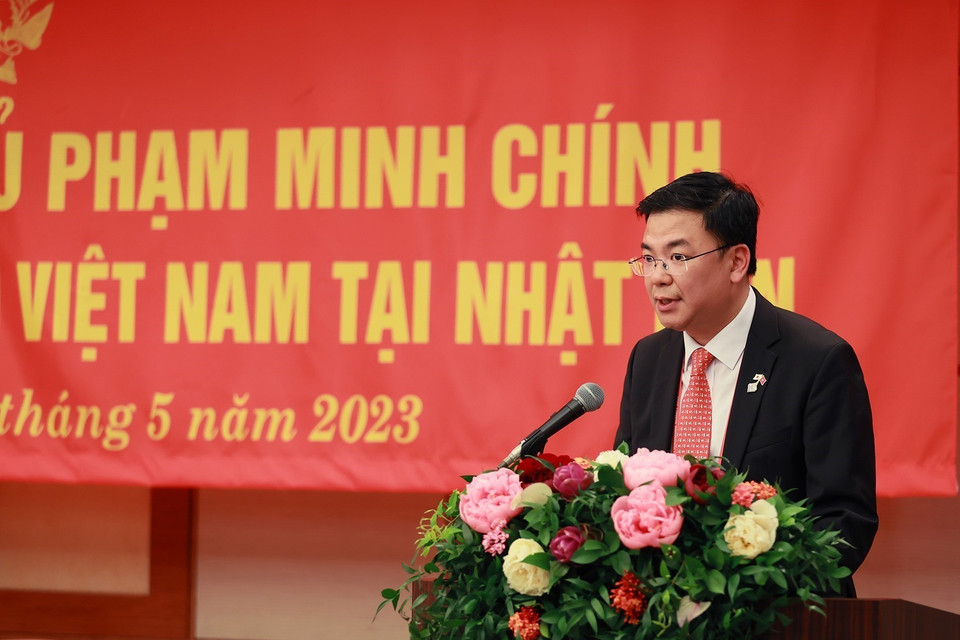 Đại sứ Việt Nam tại Nhật Bản Phạm Quang Hiệu báo cáo tình hình người Việt Nam tại Nhật Bản. (Ảnh: Dương Giang/TTXVN) 