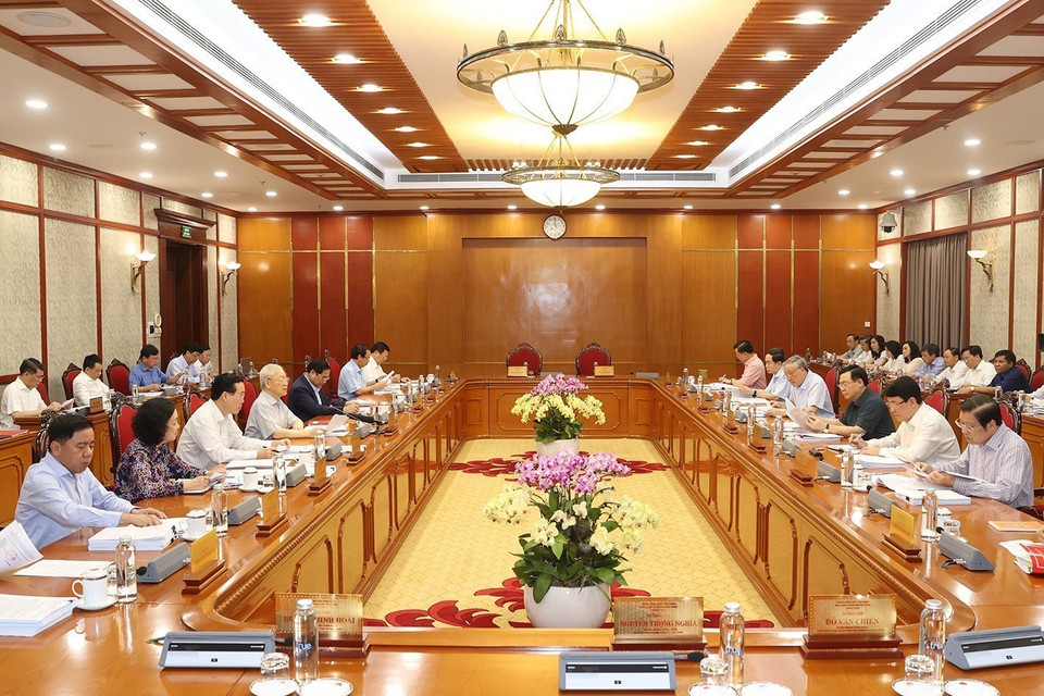 Tổng Bí thư Nguyễn Phú Trọng phát biểu kết luận cuộc họp.(Ảnh: Trí Dũng/TTXVN)