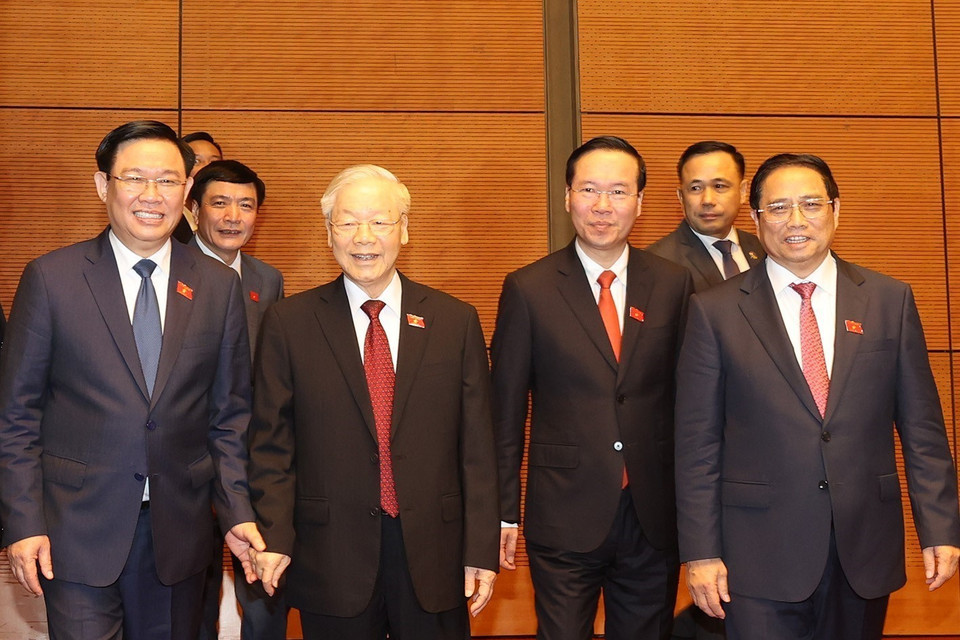 Tổng Bí thư Nguyễn Phú Trọng, Chủ tịch nước Võ Văn Thưởng, Thủ tướng Phạm Minh Chính, Chủ tịch Quốc hội Vương Đình Huệ dự khai mạc Kỳ họp thứ 5, Quốc hội khóa XV. (Ảnh: Trí Dũng/TTXVN)