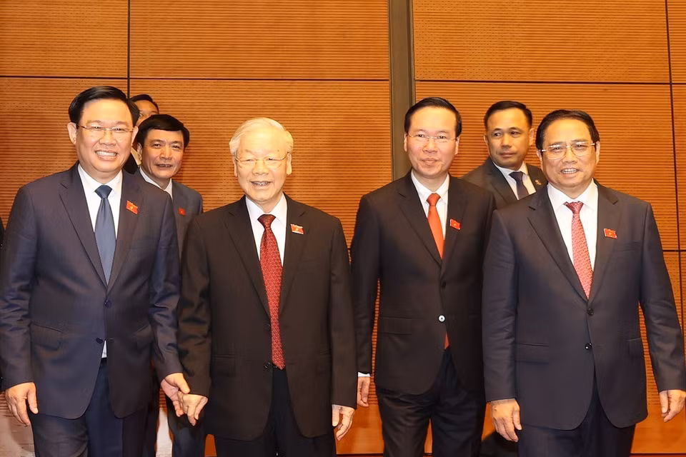 Tổng Bí thư Nguyễn Phú Trọng, Chủ tịch nước Võ Văn Thưởng, Thủ tướng Phạm Minh Chính, Chủ tịch Quốc hội Vương Đình Huệ dự khai mạc Kỳ họp thứ 5, Quốc hội khóa XV. (Ảnh: Trí Dũng/TTXVN)