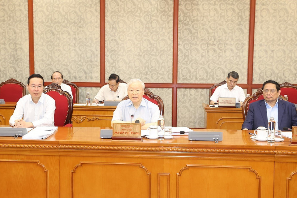 Tổng Bí thư Nguyễn Phú Trọng phát biểu kết luận cuộc họp.(Ảnh: Trí Dũng/TTXVN)