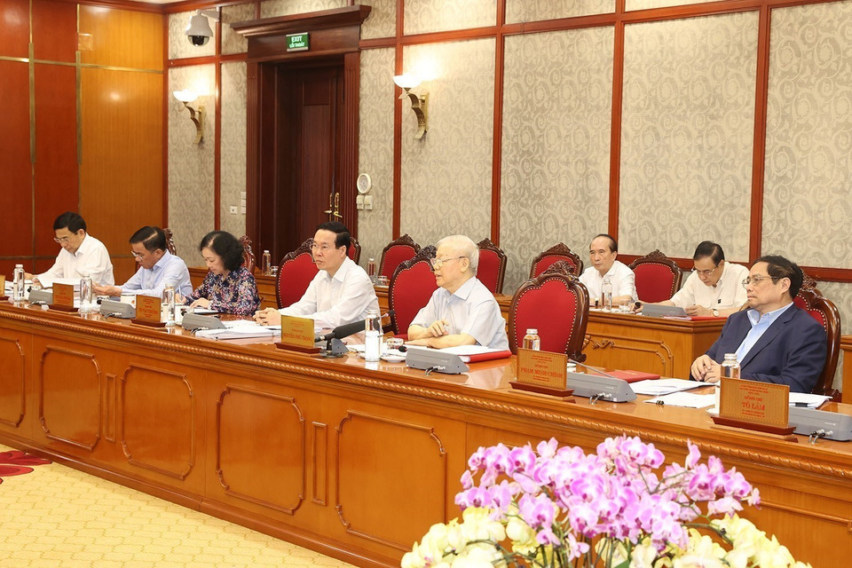 Tổng Bí thư Nguyễn Phú Trọng phát biểu kết luận cuộc họp.(Ảnh: Trí Dũng/TTXVN)