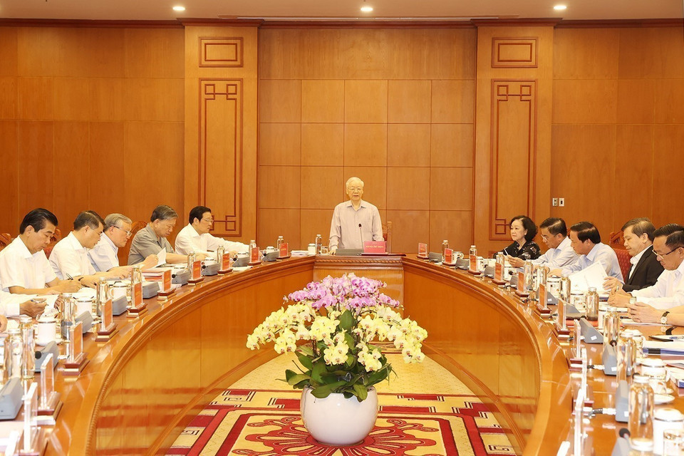 Tổng Bí thư Nguyễn Phú Trọng phát biểu chỉ đạo cuộc họp.(Ảnh: Trí Dũng/TTXVN)