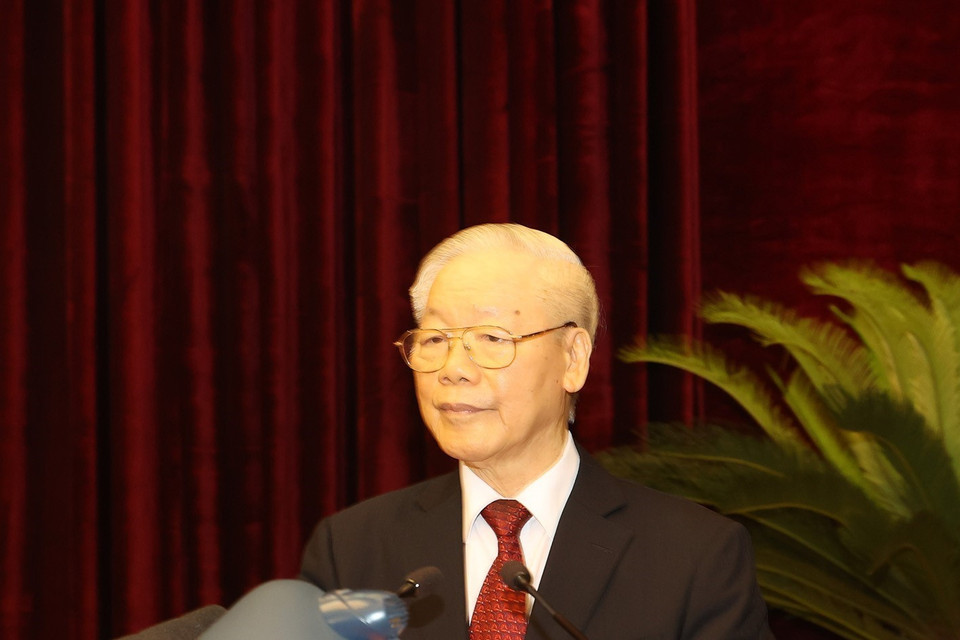 Tổng Bí thư Nguyễn Phú Trọng phát biểu bế mạc Hội nghị Trung ương giữa nhiệm kỳ khóa XIII. (Ảnh: Trí Dũng/TTXVN)