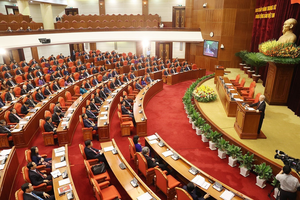 Tổng Bí thư Nguyễn Phú Trọng phát biểu bế mạc Hội nghị Trung ương giữa nhiệm kỳ khóa XIII. (Ảnh: Trí Dũng/TTXVN)