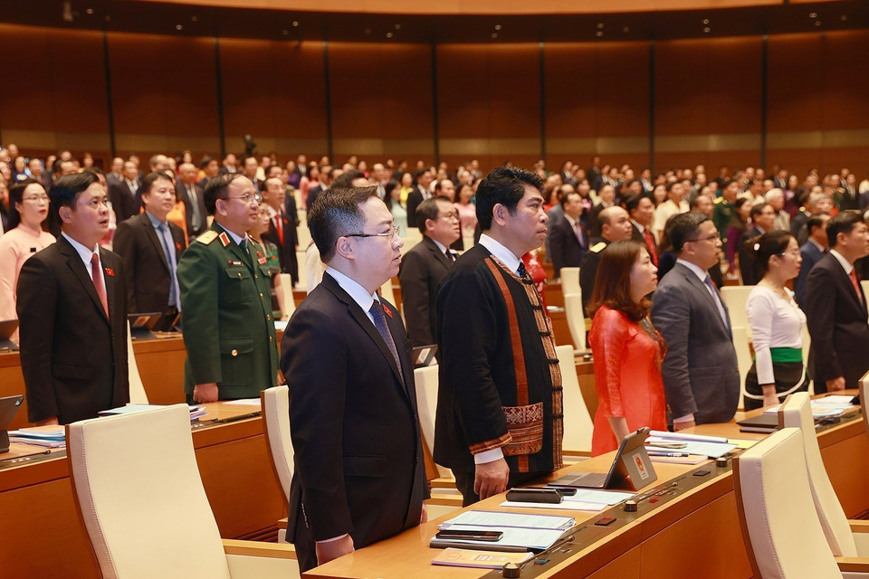 Các đại biểu Quốc hội thực hiện nghi thức chào cờ. (Ảnh: Dương Giang/TTXVN)