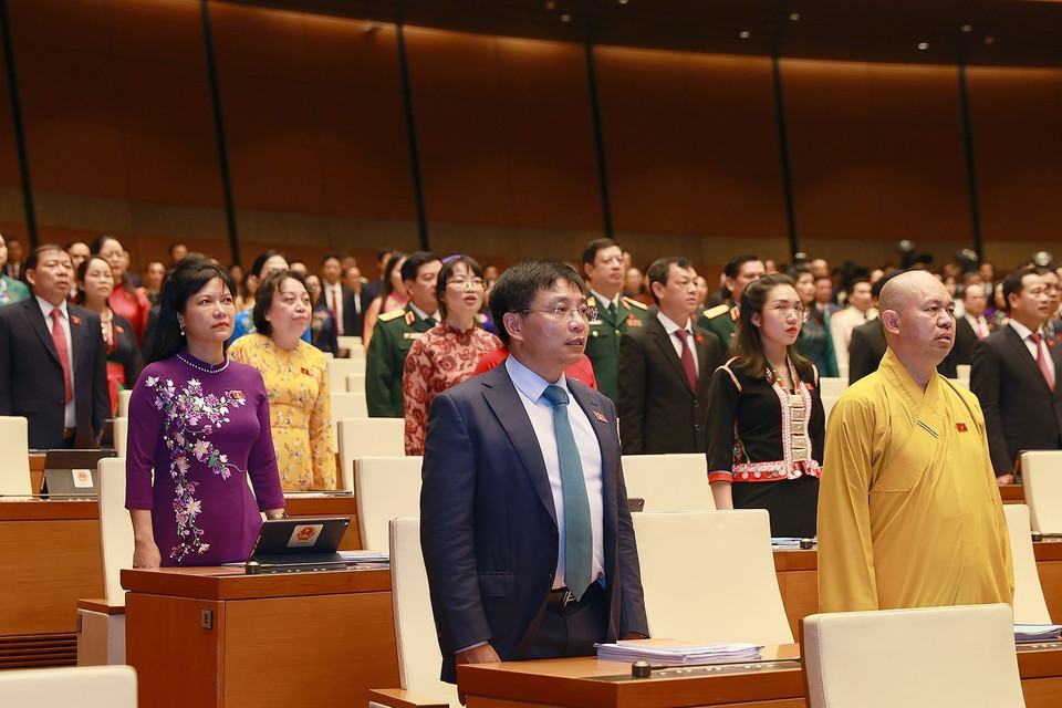 Các đại biểu Quốc hội thực hiện nghi thức chào cờ. (Ảnh: Dương Giang/TTXVN)