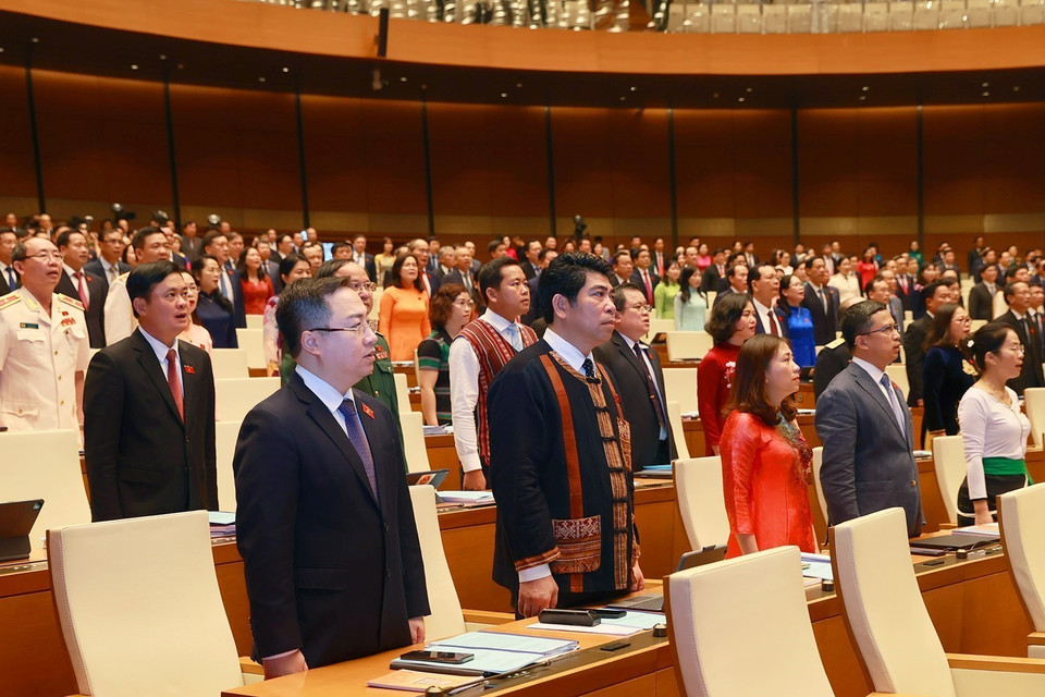 Các đại biểu Quốc hội thực hiện nghi thức chào cờ. (Ảnh: Dương Giang/TTXVN)