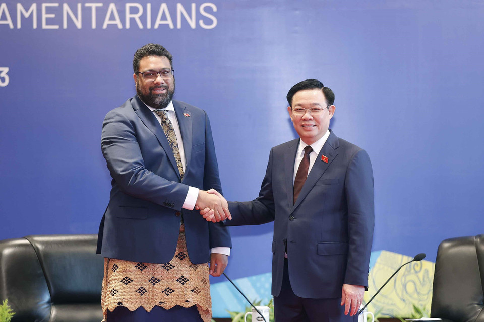 Chủ tịch Quốc hội Vương Đình Huệ tiếp Chủ tịch Quốc hội Tonga Lord Fakafanua. (Ảnh: Doãn Tấn/TTXVN)