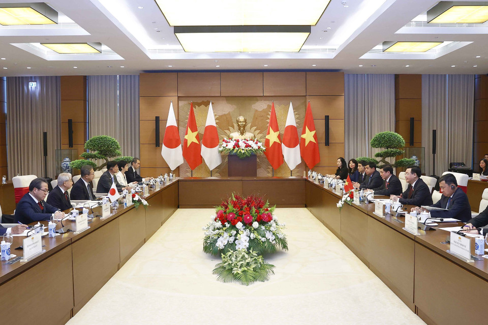 Chủ tịch Quốc hội Vương Đình Huệ hội đàm với Chủ tịch Thượng viện Nhật Bản Otsuji Hidehisa. (Ảnh: Doãn Tấn/TTXVN)