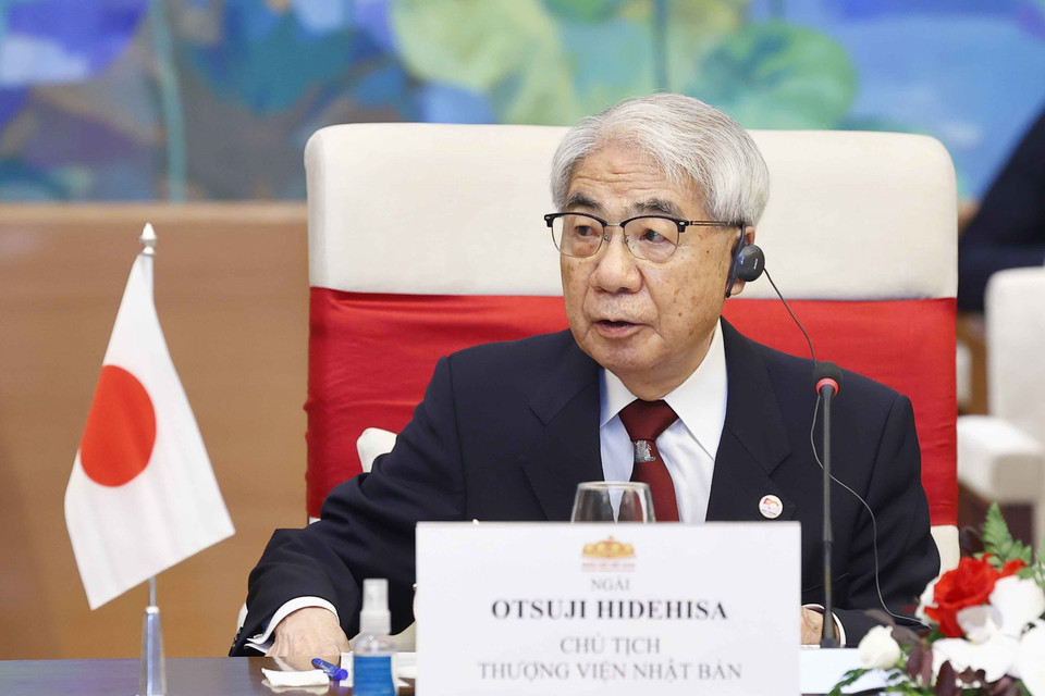 Chủ tịch Thượng viện Nhật Bản Otsuji Hidehisa phát biểu tại cuộc hội đàm. (Ảnh: Doãn Tấn/TTXVN)