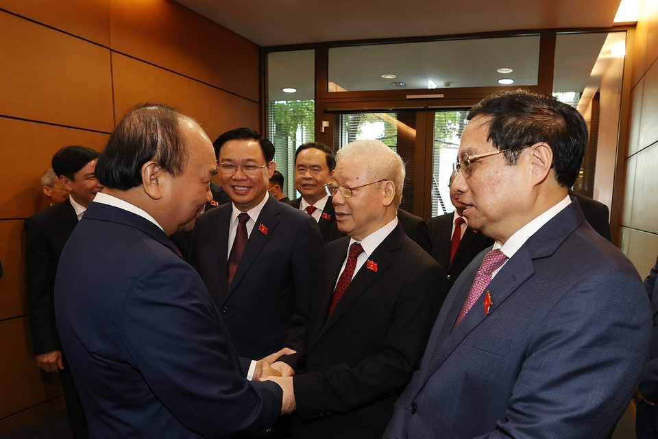 Tổng Bí thư Nguyễn Phú Trọng cùng các lãnh đạo Đảng, Nhà nước dự khai mạc Kỳ họp thứ tư, Quốc hội khóa XV. (Ảnh: Trí Dũng/TTXVN)