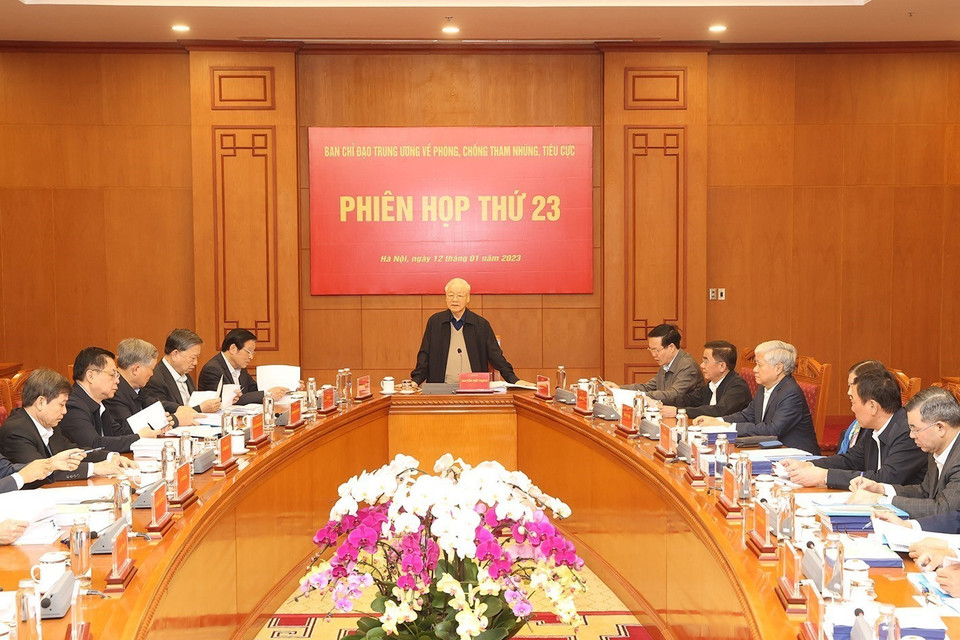 Sáng 12/1/2023, tại Trụ sở Trung ương Đảng, Tổng Bí thư Nguyễn Phú Trọng, Trưởng Ban Chỉ đạo chủ trì Phiên họp thứ 23 của Ban Chỉ đạo Trung ương về phòng, chống tham nhũng, tiêu cực. (Ảnh: Trí Dũng/TTXVN)