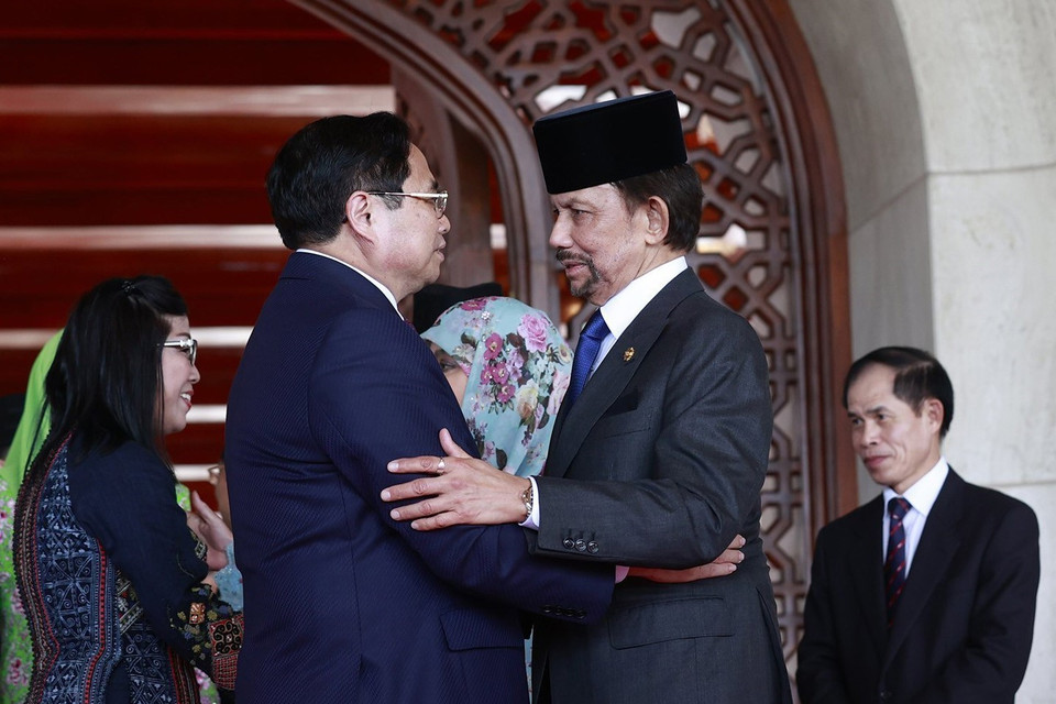 Sáng 11/2/2023, tại Cung điện Hoàng gia Istana Nurul Iman (Brunei), Thủ tướng Phạm Minh Chính hội đàm với Quốc vương Brunei Sultan Haji Hassanal Bolkiah. (Ảnh: Dương Giang/TTXVN)