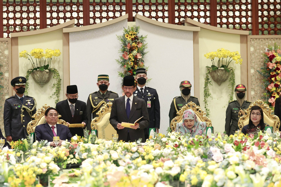 Quốc vương Brunei Hassanal Bolkia phát biểu tại tiệc chiêu đãi. (Ảnh: Dương Giang/TTXVN)