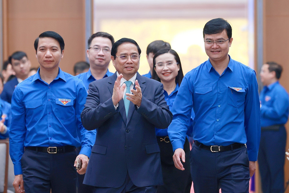Sáng 22/3, tại Hà Nội, Thủ tướng Phạm Minh Chính chủ trì Hội nghị đối thoại với thanh niên năm 2023 với chủ đề "Xây dựng nguồn nhân lực trẻ chất lượng cao đáp ứng kỷ nguyên 4.0", được tổ chức trực tiếp tại Hà Nội và kết nối trực tuyến tới các điểm cầu Trung ương Đoàn cùng 63 tỉnh đoàn, thành đoàn trong cả nước. (Ảnh: Dương Giang/TTXVN)