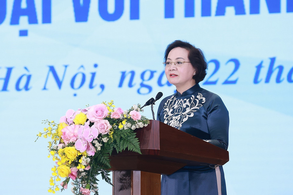 Bộ trưởng Bộ Nội vụ Phạm Thị Thanh Trà phát biểu khai mạc hội nghị đối thoại với thanh niên. (Ảnh: Dương Giang/TTXVN)