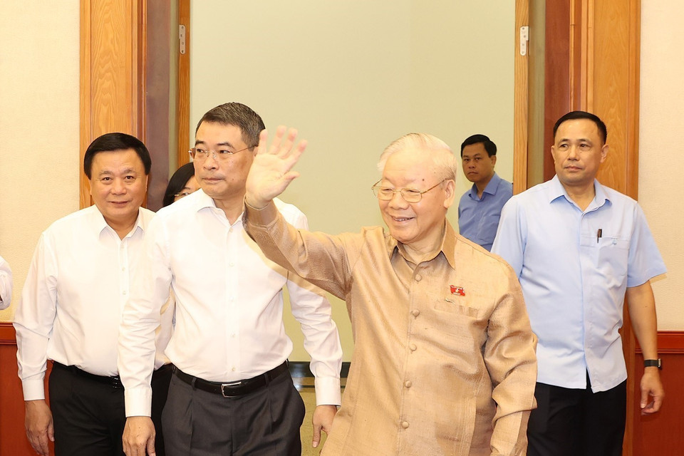 Tổng Bí thư Nguyễn Phú Trọng đến dự buổi gặp mặt. (Ảnh: Trí Dũng/TTXVN)