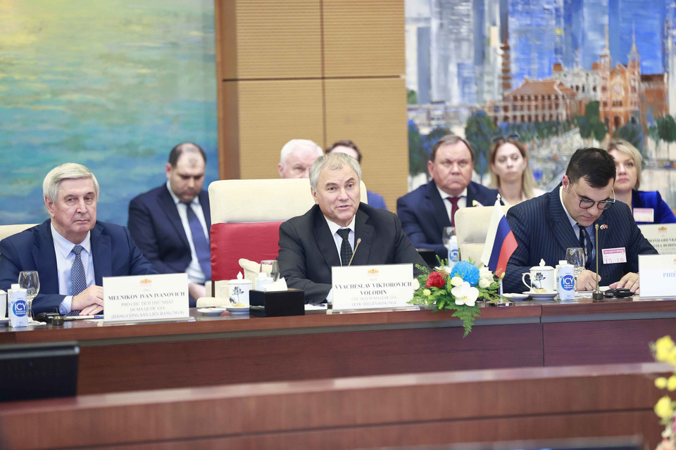 Chủ tịch Duma Quốc gia Quốc hội Liên bang Nga Vyacheslav Viktorovich Volodin phát biểu tại hội đàm. (Ảnh: Doãn Tấn/TTXVN)