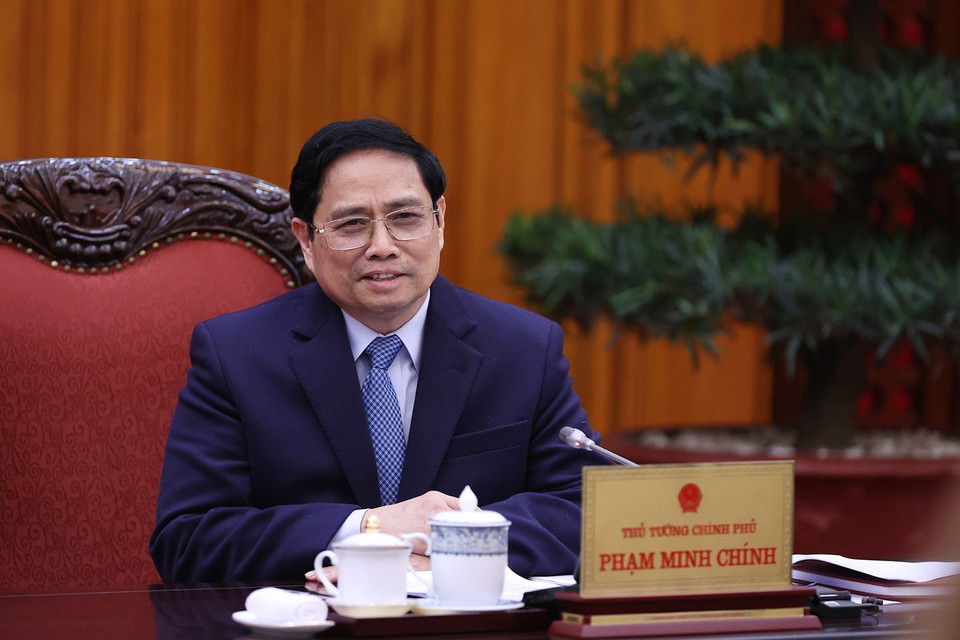 Thủ tướng Phạm Minh Chính phát biểu tại buổi tiếp. (Ảnh: Dương Giang/TTXVN)