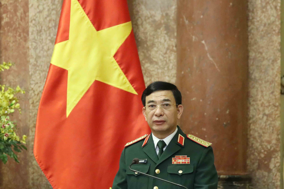 Đại tướng Phan Văn Giang, Ủy viên Bộ Chính trị, Phó Bí thư Quân ủy Trung ương, Bộ trưởng Bộ Quốc phòng phát biểu tại buổi lễ. (Ảnh: Thống Nhất/TTXVN)