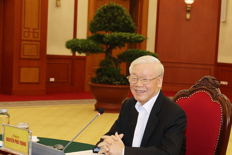 Hình ảnh Tổng Bí thư Nguyễn Phú Trọng phát biểu tại cuộc gặp. (Ảnh: Trí Dũng/TTXVN)