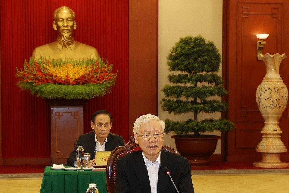 Tổng Bí thư Nguyễn Phú Trọng phát biểu tại cuộc gặp. (Ảnh: Trí Dũng/TTXVN)