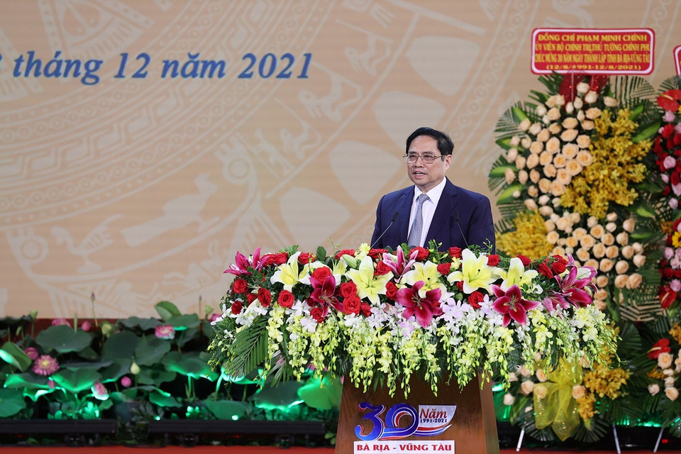 Thủ tướng Phạm Minh Chính phát biểu tại lễ kỷ niệm 30 năm Ngày thành lập tỉnh Bà Rịa-Vũng Tàu. (Ảnh: Dương Giang/TTXVN)
