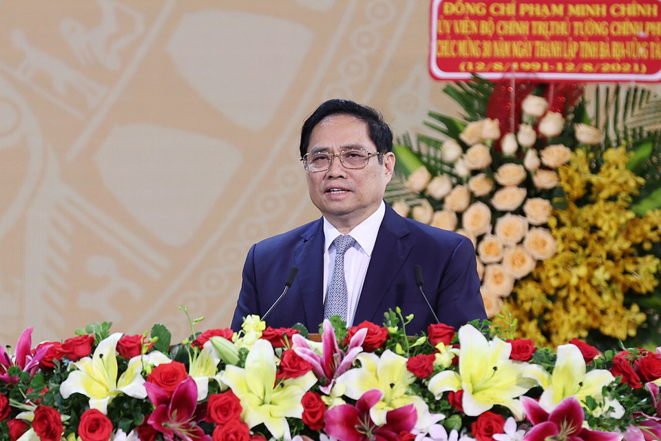 Hình ảnh Thủ tướng Phạm Minh Chính phát biểu tại lễ kỷ niệm 30 năm Ngày thành lập tỉnh Bà Rịa-Vũng Tàu. (Ảnh: Dương Giang/TTXVN)