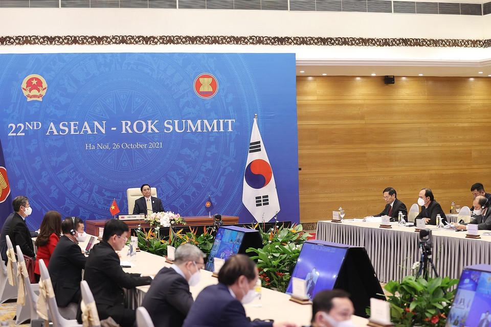 Quang cảnh Hội nghị cấp cao ASEAN-Hàn Quốc lần thứ 22 tại điểm cầu Hà Nội. (Ảnh: Dương Giang/TTXVN)