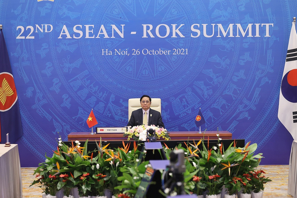 Hình ảnh Thủ tướng Phạm Minh Chính phát biểu. (Ảnh: Dương Giang/TTXVN)