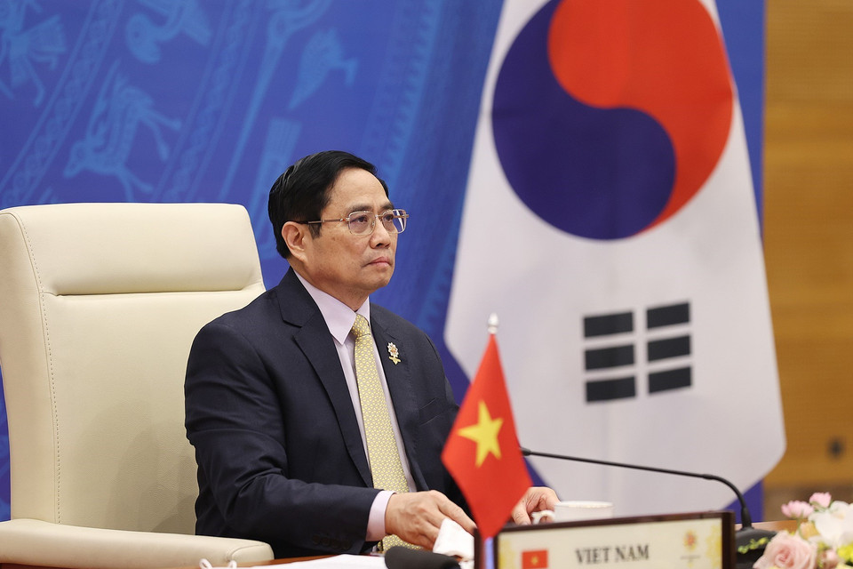 Thủ tướng Phạm Minh Chính phát biểu tại hội nghị cấp cao ASEAN-Hàn Quốc lần thứ 22. (Ảnh: Dương Giang/TTXVN)