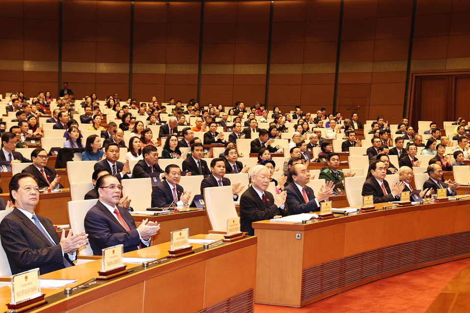 Tổng Bí thư, Chủ tịch nước Nguyễn Phú Trọng và các lãnh đạo, nguyên lãnh đạo Đảng, Nhà nước dự lễ khai mạc. (Nguồn: TTXVN)
