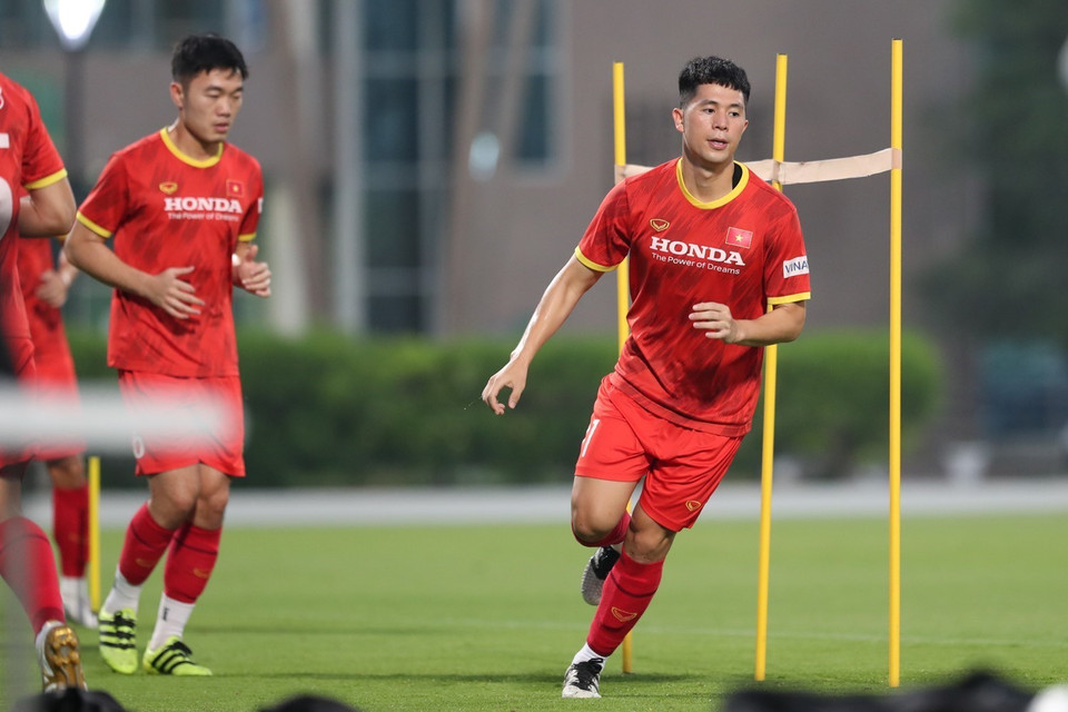 Trung vệ Đình Trọng tại buổi tập. (Ảnh: Hoàng Linh/TTXVN)