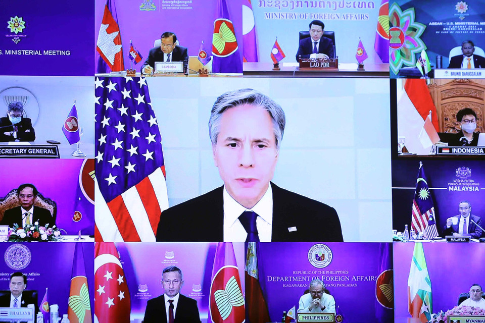 Bộ trưởng Ngoại giao Hoa Kỳ Antony Blinken phát biểu tại Hội nghị Bộ trưởng Ngoại giao ASEAN-Hoa Kỳ theo hình thức trực tuyến. (Ảnh: Phạm Kiên/TTXVN)