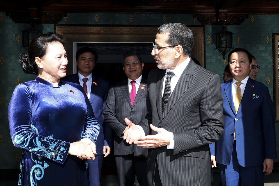 Chủ tịch Quốc hội Nguyễn Thị Kim Ngân hội kiến Thủ tướng Maroc Saad Dine Otmani trong chuyến thăm chính thức Vương quốc Maroc, chiều 28/3/2019, tại thủ đô Rabat. (Ảnh: Trọng Đức/TTXVN)
