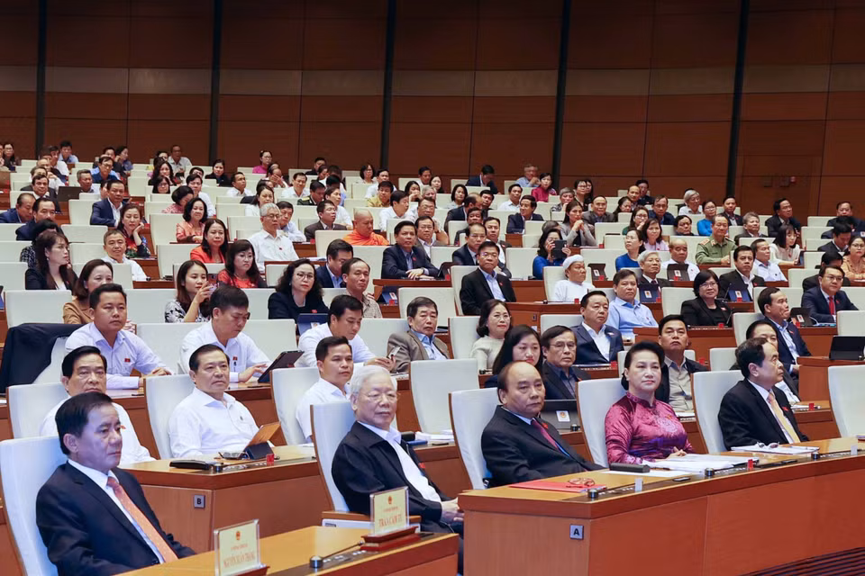 Tổng Bí thư, Chủ tịch nước Nguyễn Phú Trọng, Thủ tướng Nguyễn Xuân Phúc và các đại biểu dự lễ tuyên thệ. (Ảnh: Trí Dũng/TTXVN)