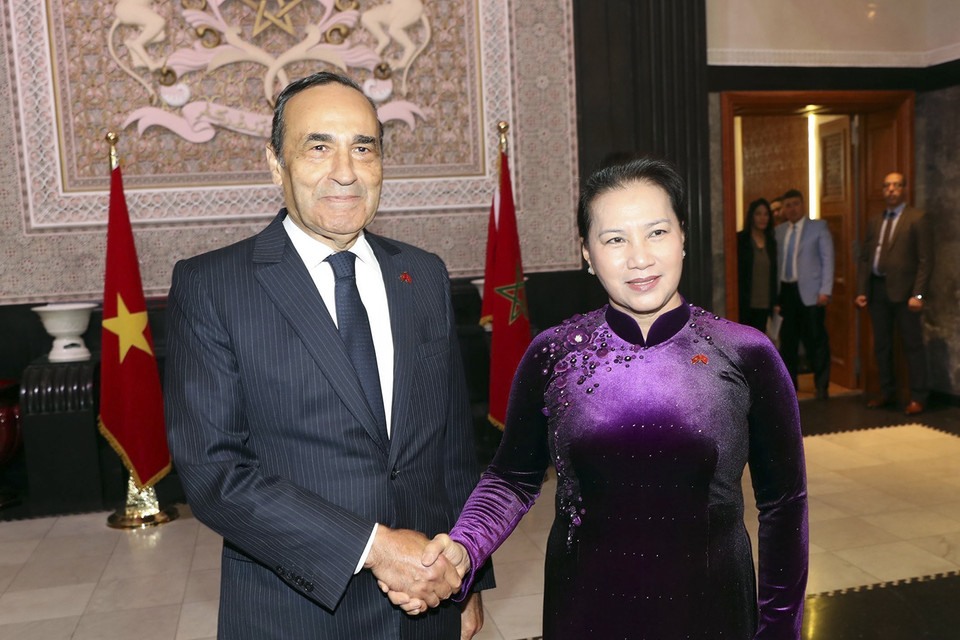 Chủ tịch Hạ viện Habib El Malki đón, hội đàm với Chủ tịch Quốc hội Nguyễn Thị Kim Ngân thăm chính thức Vương quốc Maroc (27/3 - 30/3/2019). (Ảnh: Trọng Đức/TTXVN)