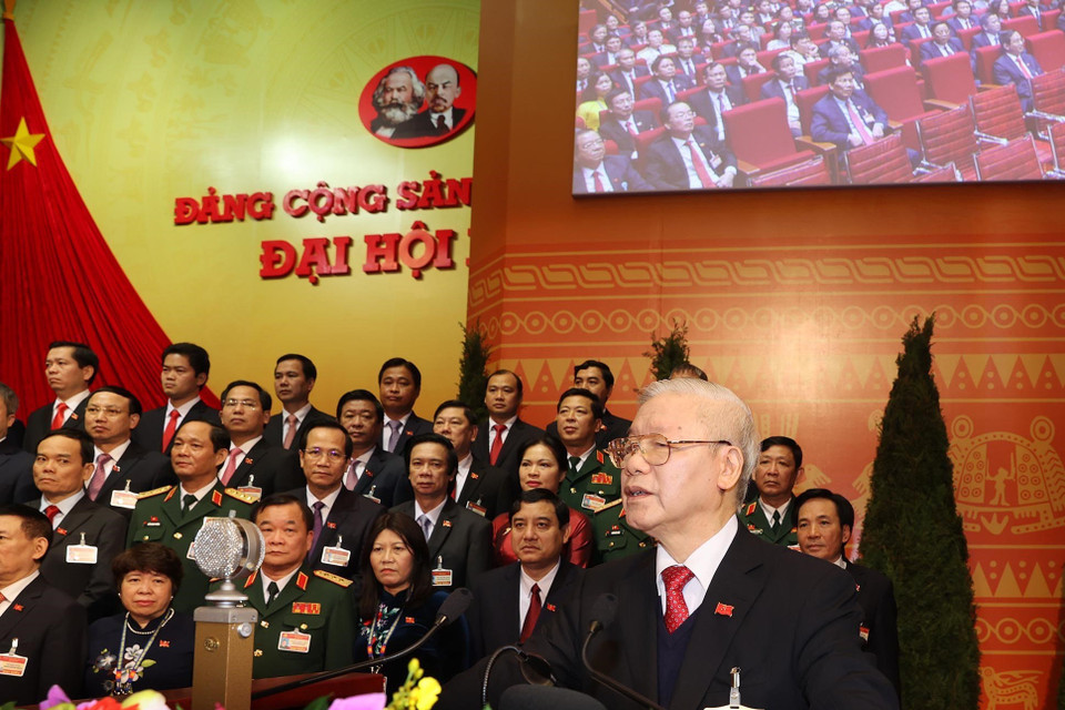 Đồng chí Nguyễn Phú Trọng, Tổng Bí thư BCHTW khóa XIII, Chủ tịch nước CHXHCN Việt Nam đọc Diễn văn bế mạc Đại hội. (Ảnh: TTXVN)